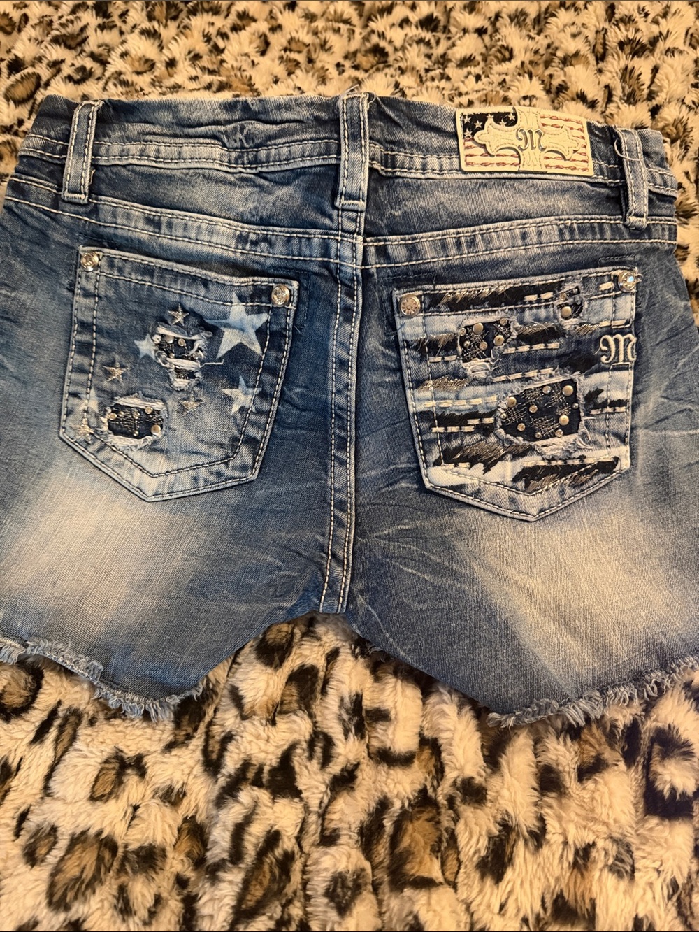 Miss Me Denim Jean Shorts with Star-Studded Pocket Detail - Blue